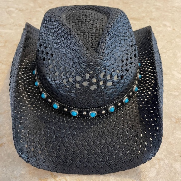 Shyanne Black Woven Cowboy Hat w/ Faux Turquoise Accents Adjustable OSFM - Picture 3 of 9